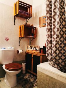 拉纳卡Ria Court 33的一间带卫生间和淋浴帘的浴室