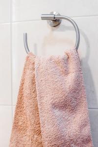 阿尔布费拉Vista Mar e Terra的毛巾挂在淋浴毛巾架上
