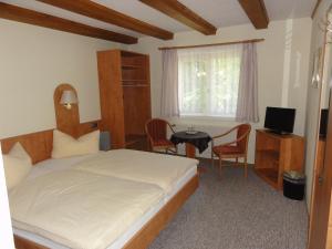 爱尔福特Hotel Garni Melchendorf的一间卧室配有一张床、一张桌子和一台电视
