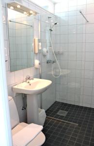 格兰纳Vätterleden Hotell & Restaurang的一间带水槽和淋浴的浴室
