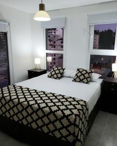 圣卡洛斯-德巴里洛切Bariloche Modern Apartment的一间卧室设有一张大床和两个窗户。