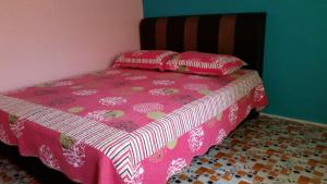 巴佐Seri Pengkalan Homestay的粉红色的床,上面有两个枕头