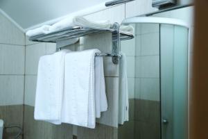 雅西Pensiunea Alexia的浴室提供挂在毛巾架上的白色毛巾