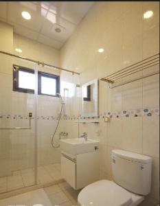 埔里午后咖啡民宿的浴室配有卫生间、盥洗盆和淋浴。