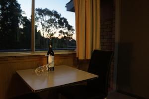纽卡斯尔全景汽车旅馆的窗户前的桌子上放着一瓶葡萄酒