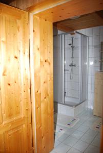 SchöderBauernhof Hatzlhof的带淋浴的浴室和木门。
