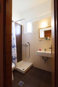 斯加雷塔巴比斯酒店的带淋浴、卫生间和盥洗盆的浴室