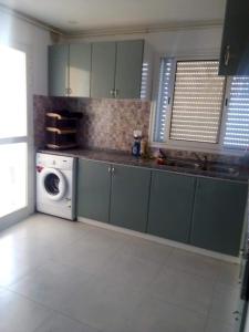 苏塞Maria Sea view Apartment的厨房配有绿色橱柜和洗衣机。