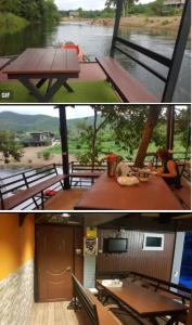 班康卡臣碧差汶府河小屋旅馆的两张野餐桌的照片,享有河景
