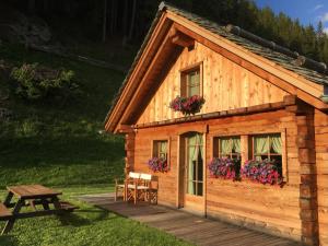 圣卡特琳娜瓦尔夫Alpine Chalet的小屋的窗户上摆放着鲜花,设有野餐桌