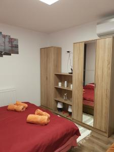 哈卡尼Gál Apartmanház的一间卧室配有一张带红色床单和镜子的床