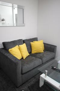 哈利法克斯Halifax House, Studio Apartment 213的客厅里配有带黄色枕头的灰色沙发