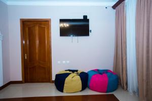 埃里温Sweet Sleep hostel的两个包坐在一个带电视的房间里