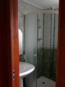 阿列谢尼PENSIUNEA SIMONA ARIESENI的一间带玻璃淋浴和水槽的浴室