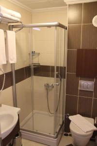 Koycegiz考诺斯酒店 的带淋浴、卫生间和盥洗盆的浴室