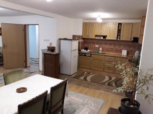 图兹拉Apartment AMRA的厨房配有桌子和白色冰箱。