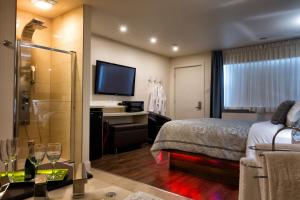 三河城乐多维尔汽车旅馆的酒店客房配有一张床、一张书桌和一台电视。
