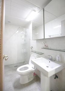 首尔Lovely House Hongdae的白色的浴室设有卫生间和水槽。