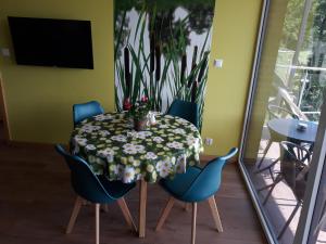 奥尔什丁Mazurskie Klimaty Tatarak的一张带蓝色椅子的餐桌和一张带植物的桌子