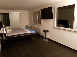 豪尔根Nice Apartment in Horgen near lake and Pool的酒店客房,配有床和电视