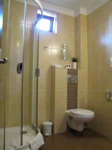塞尼察Grand Hotel Senica, Garni的一间带卫生间和玻璃淋浴间的浴室