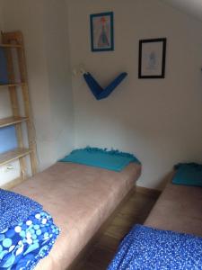 亚斯塔尔尼亚Pestka的配有蓝色床单的客房内的两张床