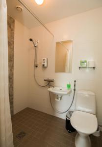 UlvilaVilla Helleranta的带淋浴、卫生间和盥洗盆的浴室