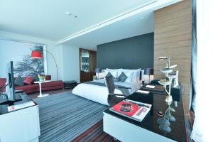 麦纳麦拉米Spa大酒店的酒店客房配有一张床和一张书桌及一台电视