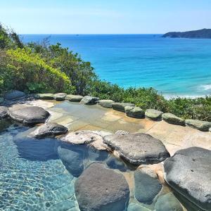 下田下田大和旅馆的一座拥有岩石和大海背景的游泳池