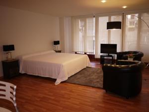 阿利坎特拉波图格萨公寓式酒店的一间卧室配有一张床、两把椅子和电视