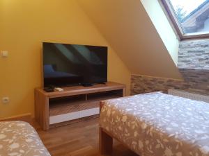 马里博尔Turistična kmetija Kaloh的一间卧室设有平面电视和一张床。