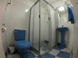 维库尼亚Hostal Michel的浴室设有蓝色的卫生间和水槽。
