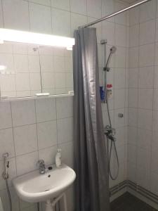 MuuruvesiHuoneistohotelli Teekki的浴室配有水槽和带浴帘的淋浴