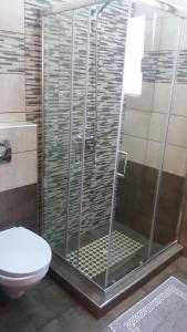 斯科派洛斯Stoudios galini的一间带卫生间的浴室内的玻璃淋浴间