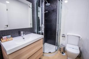 格拉纳达Ibericabeds Granada的一间带水槽、淋浴和卫生间的浴室
