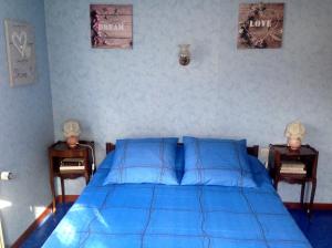巴尔Chambres d'hôtes et Gîte chez Martine的一间卧室配有蓝色的床和两张床头柜