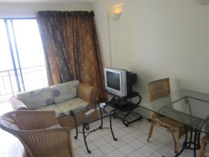 波德申天堂湖公寓酒店的带沙发和电视的客厅