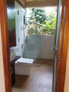 KadugannawaThe Cloud Resort的一间带卫生间、水槽和窗户的浴室