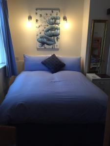 布莱克浦马洛旅舍的卧室内的一张带蓝色床单的大床
