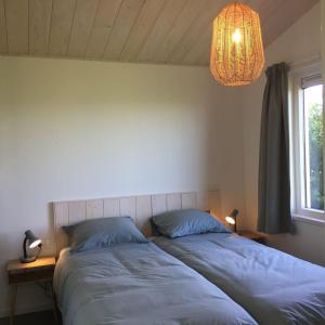 登堡Bungalow Groen的一间卧室配有两张床和吊灯。