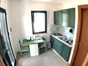 马蒂诺WHITE POOL Matino - Gallipoli - 2pl的一个带绿色橱柜和水槽的小厨房