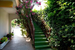 奥米什Apartments Drago Kovačić的楼梯,有绿色台阶和粉红色的花
