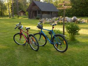 TepelväljaHaaviku Nature Cottage的两辆自行车停在房子前面的草地上