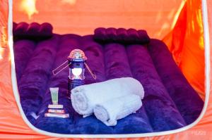 戈里斯Camp'in Goris的紫色毯子,带牙刷和毛巾