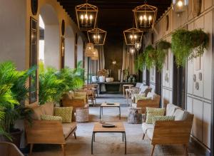 阿德耶文西西莱森拉普拉塔森德尔苏尔酒店的大堂设有桌椅和盆栽植物