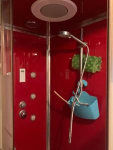 滨海布洛涅appartement vivier 4 personnes tout confort的红色墙壁的房间里淋浴