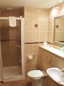 斯坦利泰赛德酒店的带淋浴、卫生间和盥洗盆的浴室
