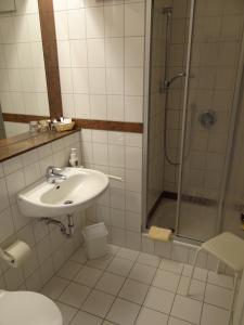 阿希姆布特斯豪斯餐厅酒店的白色的浴室设有水槽和淋浴。