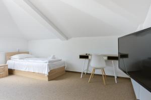 克卢日-纳波卡维罗纳森特鲁酒店的一间卧室配有一张床、一张书桌和一台电视