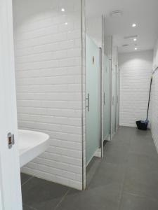 萨拉斯Albergue Casa Sueño的浴室设有白色的墙壁、水槽和摊位。
